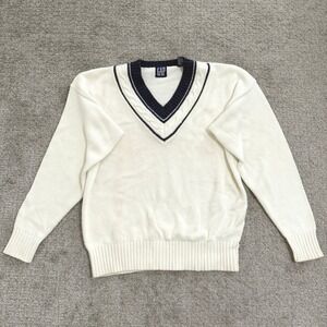 Vintage Mens V-Neck Cricket Sweater Cream Navy Striped Small Gap Tennis Preppy